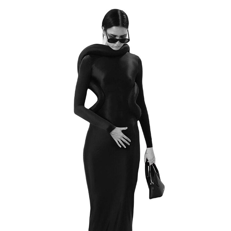 Unique Neckline Solid Maxi Dress Women Sexy Backless Full Sleeve Body-shaping Robe Female Evening Dresses Artistic Vestid