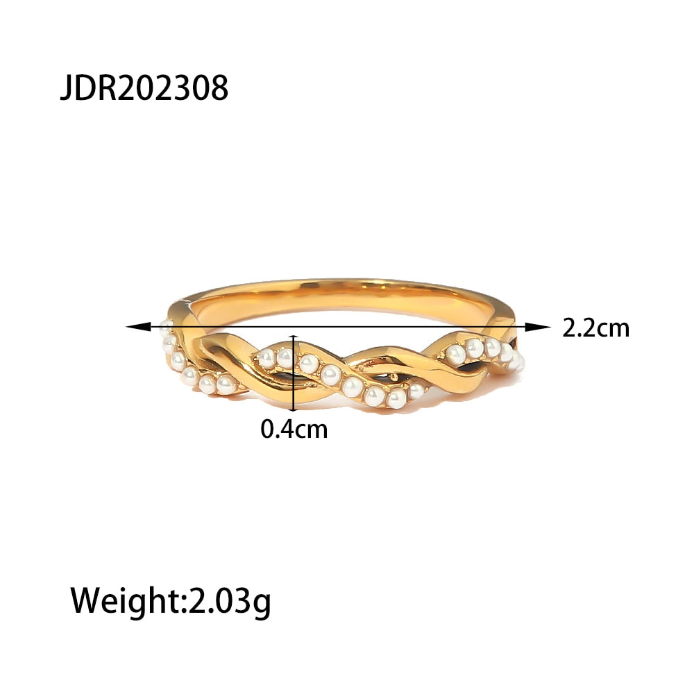Simply Waterproof Dainty Twisted Pearl Ins Popular 18K PVD Gold Plated Stainless Steel Stacking Ring bague acier inoxydab