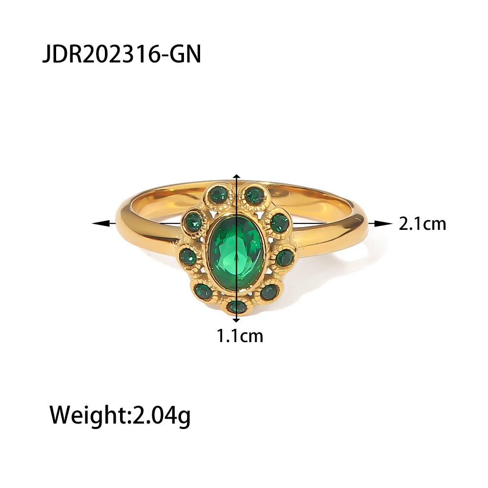 18 Karat PVD-vergoldeter Edelstahl-Vintage-Halo-Smaragd-Ring für Damen, anlaufgeschützter Goldring
