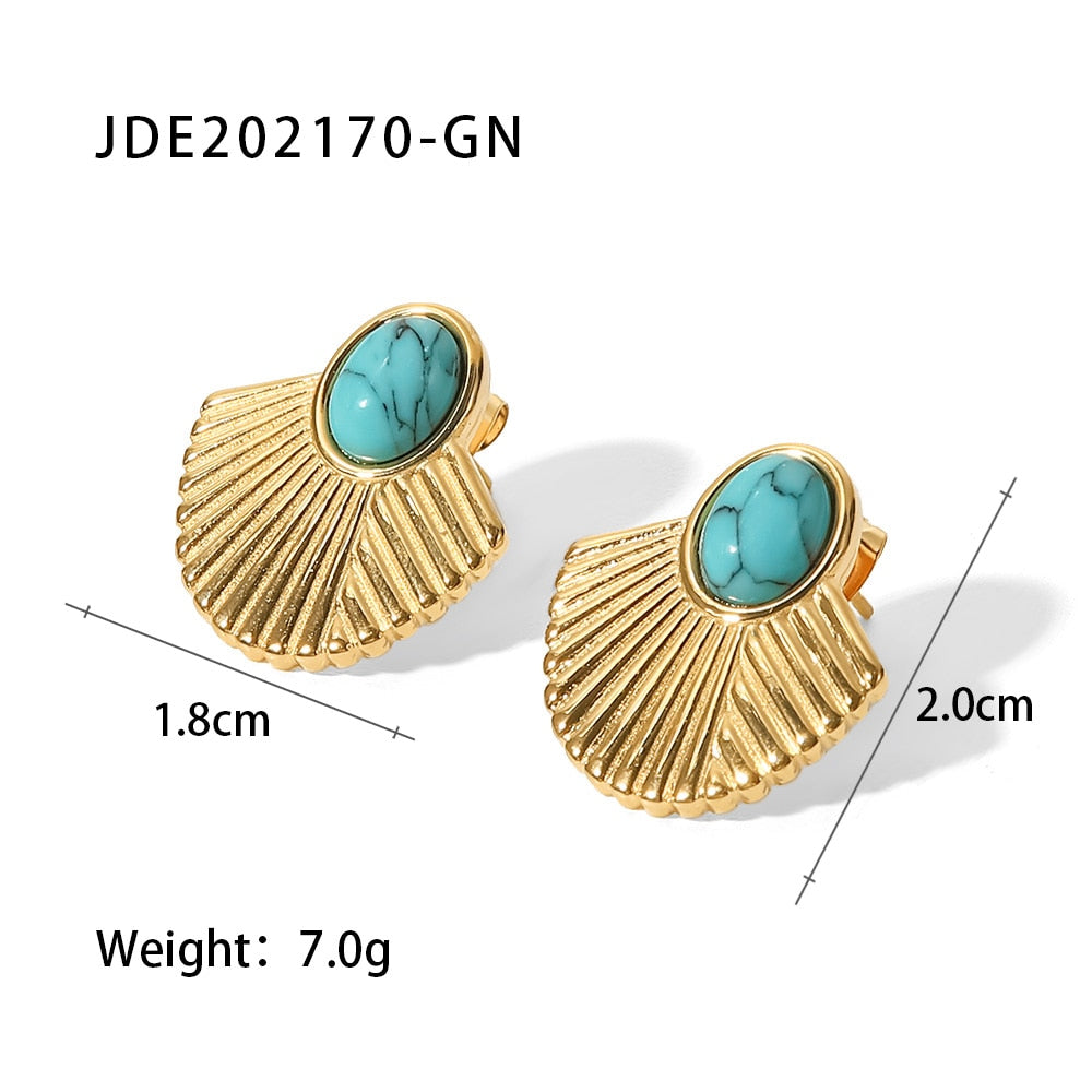 18K Gold Stainless Steel Turquoise Inlaid Ribbed Scallop Stud Earrings High Quality Women Jewelry Party Gift Pendientes