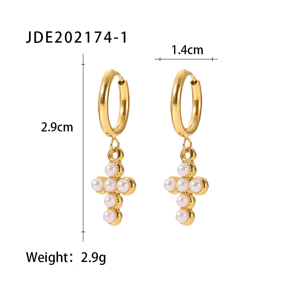 18K Gold Plated Stainless Steel Hoop Pearl Jewelry Gift Charm Cubic Zirconia Cross Pendant Earrings for Women