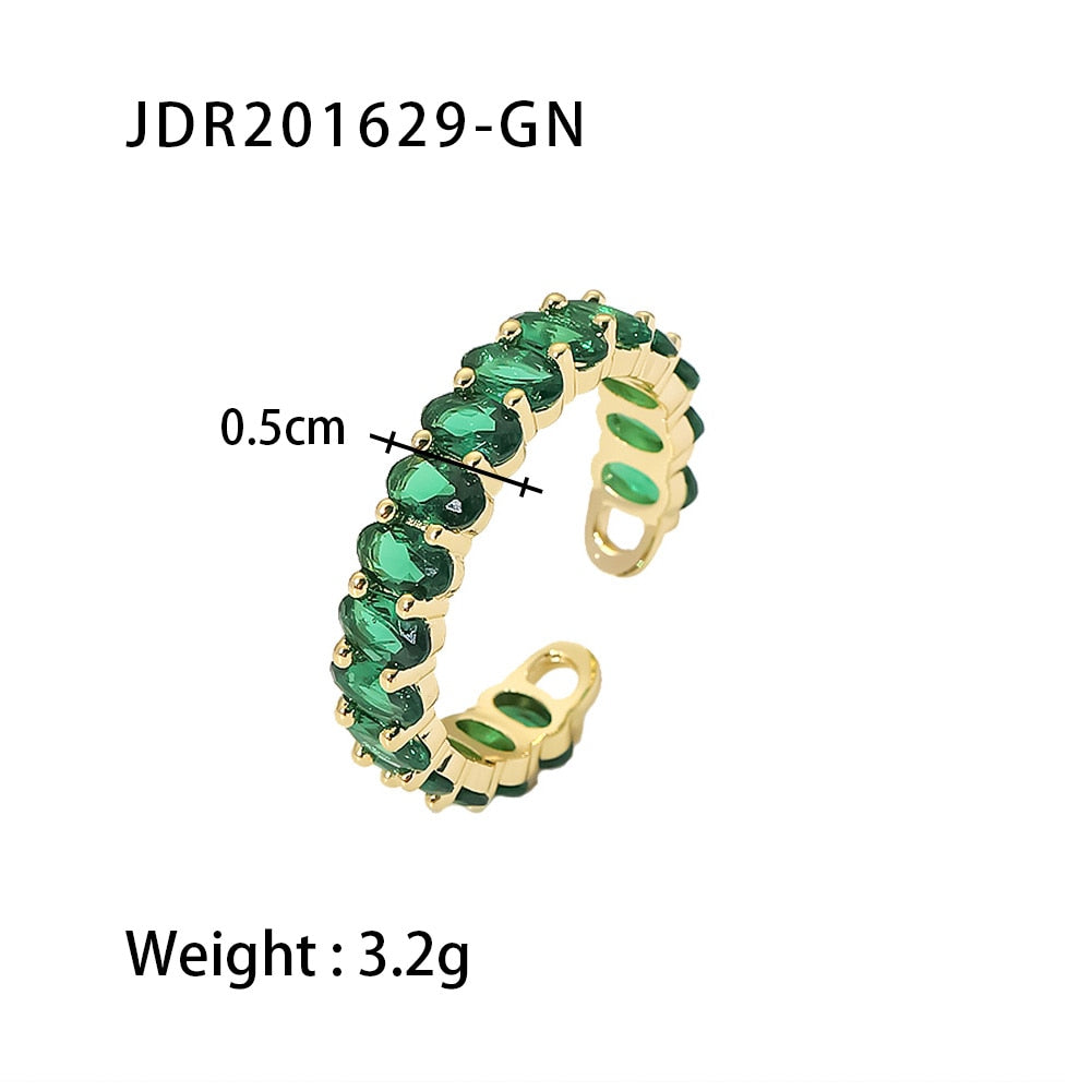 18k Gold Plated Colorful Jewelry Copper Cubic Zirconia CZ Oval Rings Wedding Jewelry Brass Full Green Zirconia Open Ring