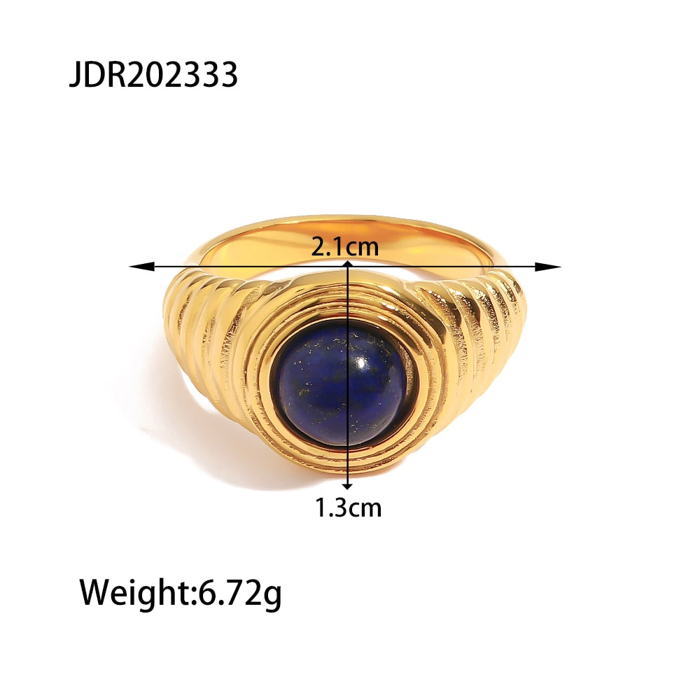 Vintage 18K PVD Gold Plated Lapis Stone Stainless Steel Ring  Waterproof Women Fashion Charm France Jewelry Anillos Mujer