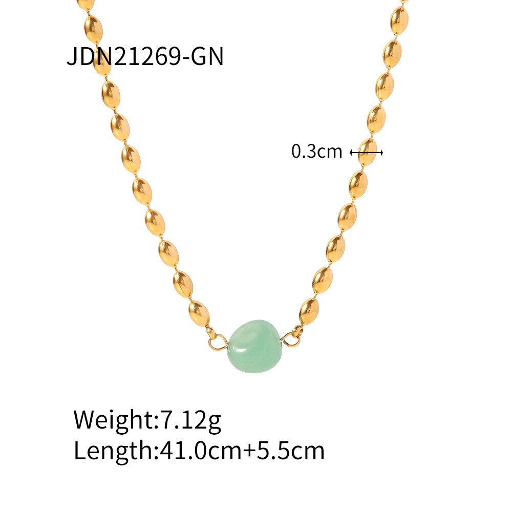 Vintage-Schmuckset aus Edelstahl, 18 Karat vergoldet, grüner Naturstein, ovale goldene Perlenarmband-Halskette
