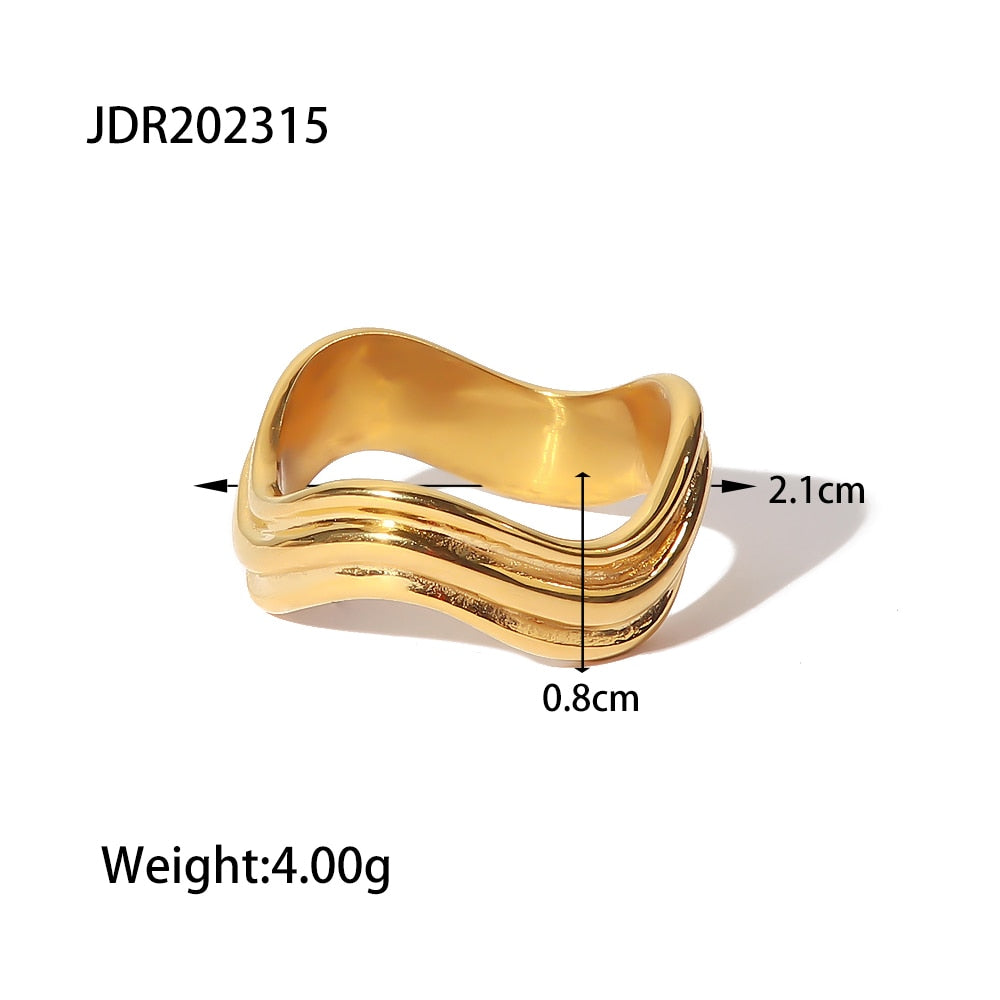 Chunky Polished 18K PVD Gold Plated Stainless Steel Wavy & Ribbed Ring Waterproof Jewelry  bague femme acier inoxydable