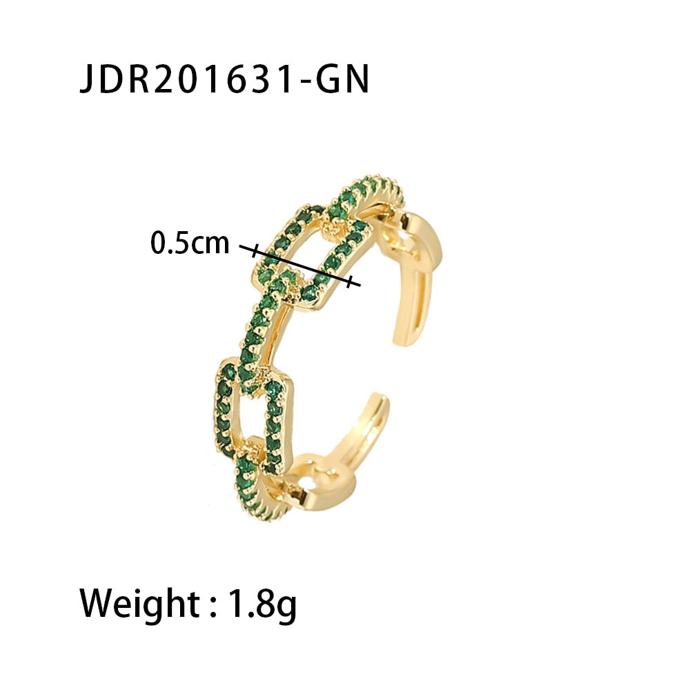 Fashion Jewelry 18K Gold Plated Copper Square Buckle Link Chain Ring Brass Green Zircon Adjustable Rings For Women Jewelr
