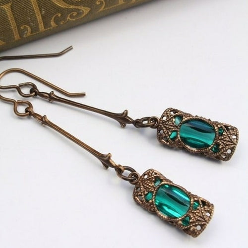 Antique Gold Color Carved Hollow Inlaid Green Stones Dangle Earrings