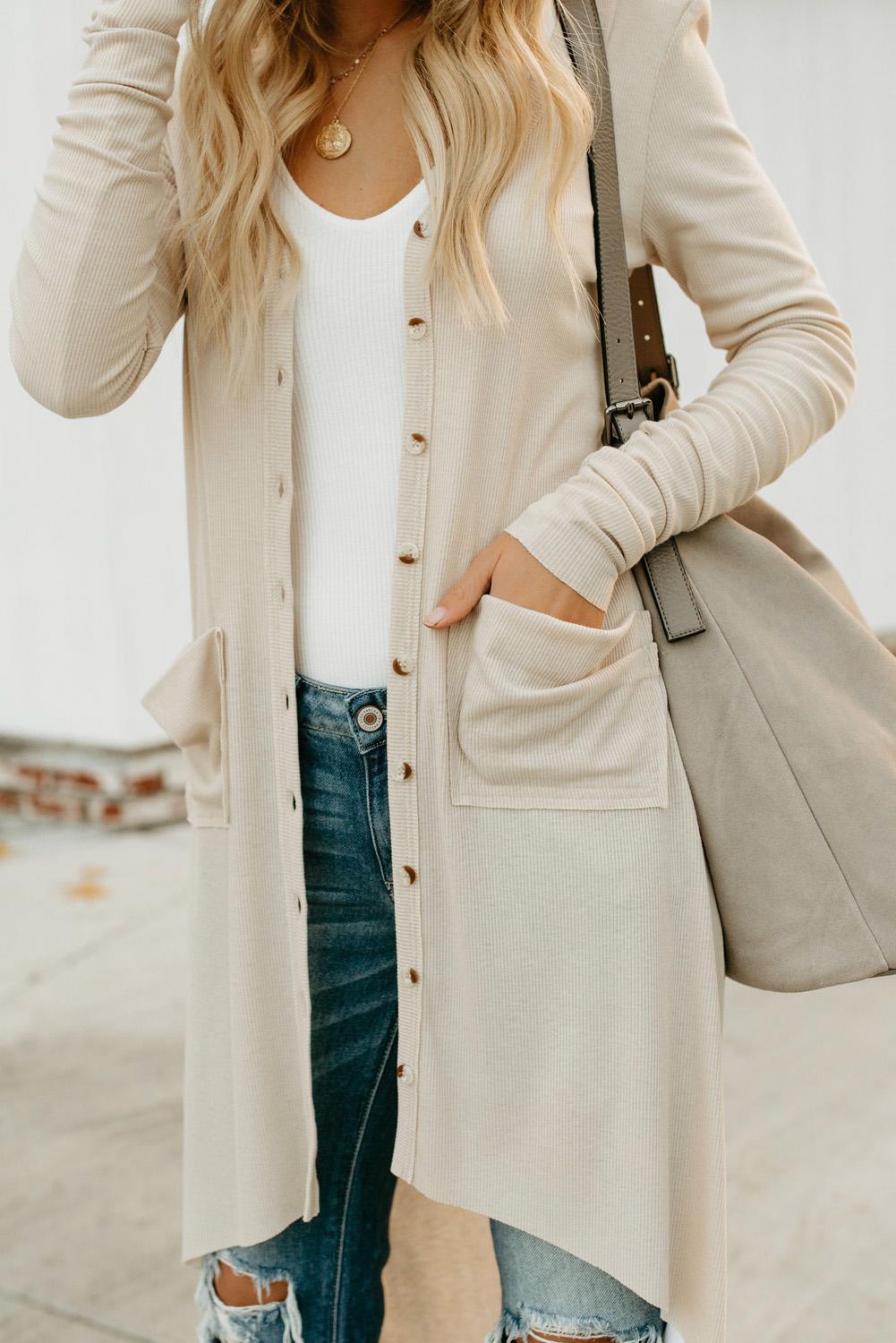 Apricot Selected Button-Down-Taschen-Strick-High-Low-Long-Cardigan