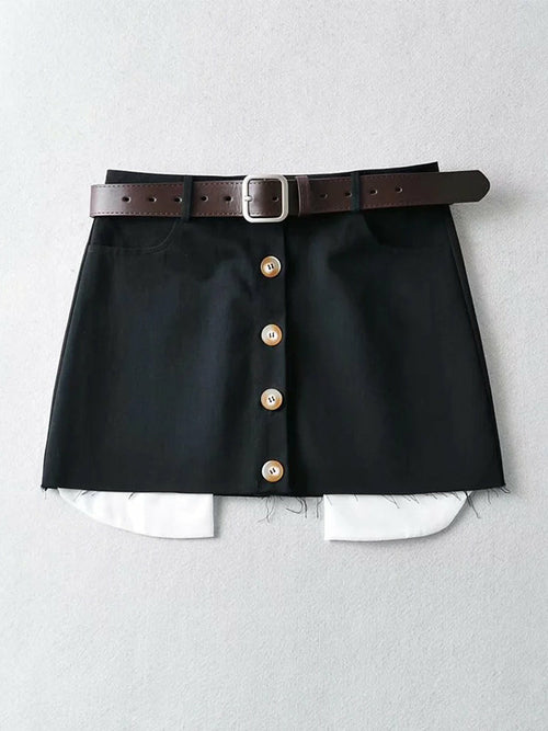 Vintage Buttons Front Short Mini Skirts High Waist Belt Skirt