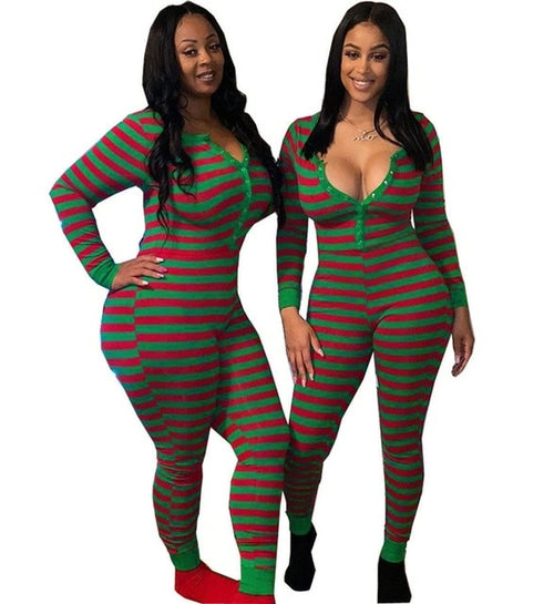 Woman Striped Bodycon Romper Jumpsuits Christmas Home