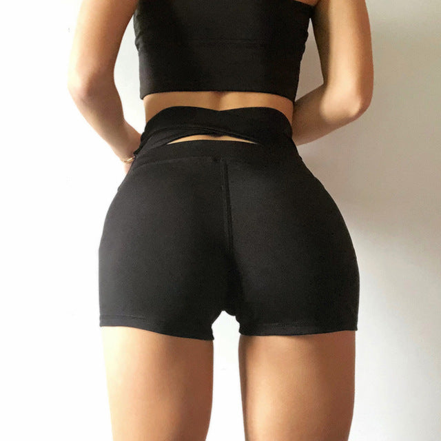 Schwarze Push-Up-Yoga-Shorts mit hohem Taillenstreifen, sexy