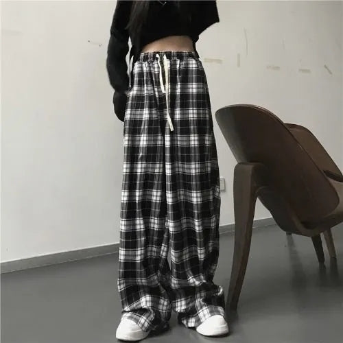 Black And White Plaid Pants Oversize New Women Casual Loose Wide Leg