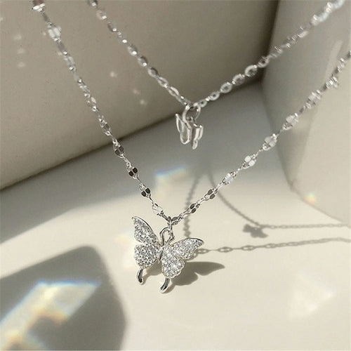 Butterfly Rhinestone Necklace Fashion Exquisite Double Layer Pendant