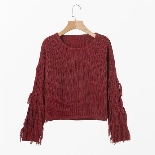 Women Fringe Sleeves Loose Knitted Jumpers Sweater