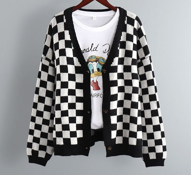 suéter de mujer de un solo pecho de punto vintage a cuadros de tablero de ajedrez