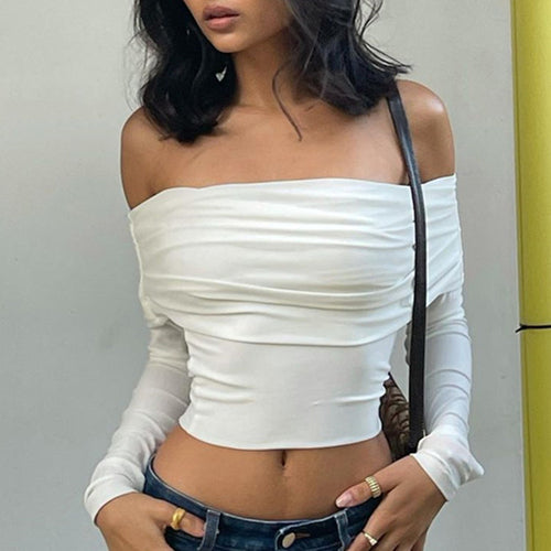 Chic Mujeres Sexy Fuera del hombro Camiseta Primavera Manga larga Slim Fit Crop