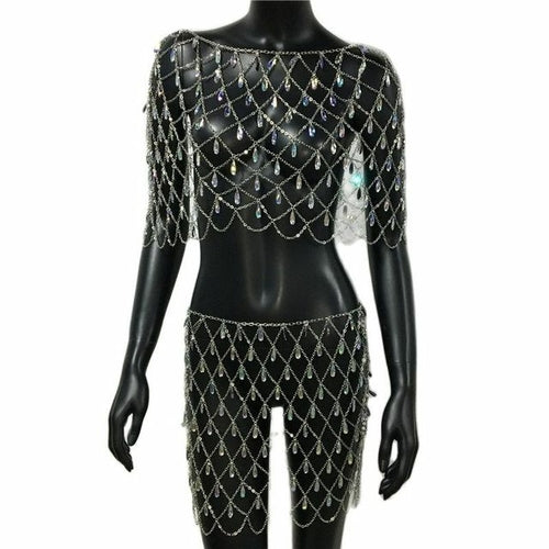 Buntes, glänzendes 2-teiliges Outfit mit Kristall-Strasssteinen, hohles Gitter