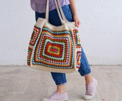 Colorful Crochet Boho Chic Granny Square Gran Tote Handbag Beige Blue