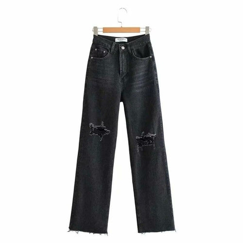 Zerrissene Distressed-Jeans aus Denim mit hoher Taille und Flare-Hose