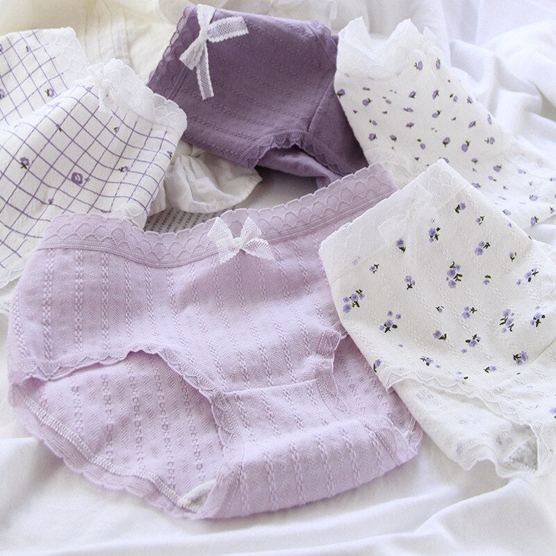 Women's Cotton Panties Flowers | Cute Purple Ruffles Panties - Cute