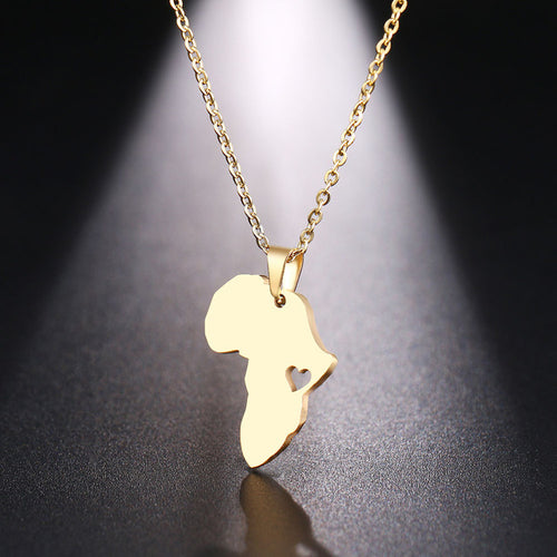Edelstahl-Halskette für Damen und Herren, Afrika-Karte, Gold und Gold
