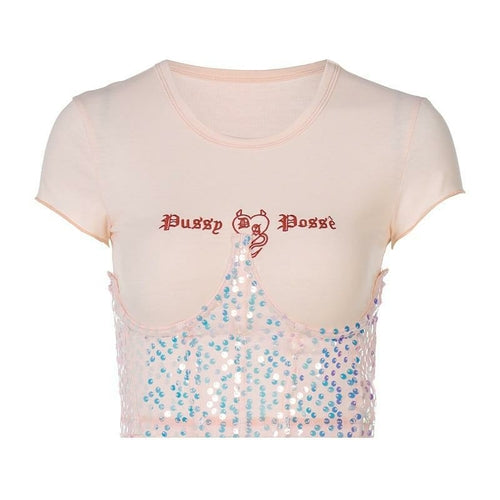 Camiseta corta con corsé bordado con letras de lentejuelas para mujer