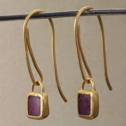 Ethnic Square Purple Stone Hook Earrings Vintage Jewelry Gold Color