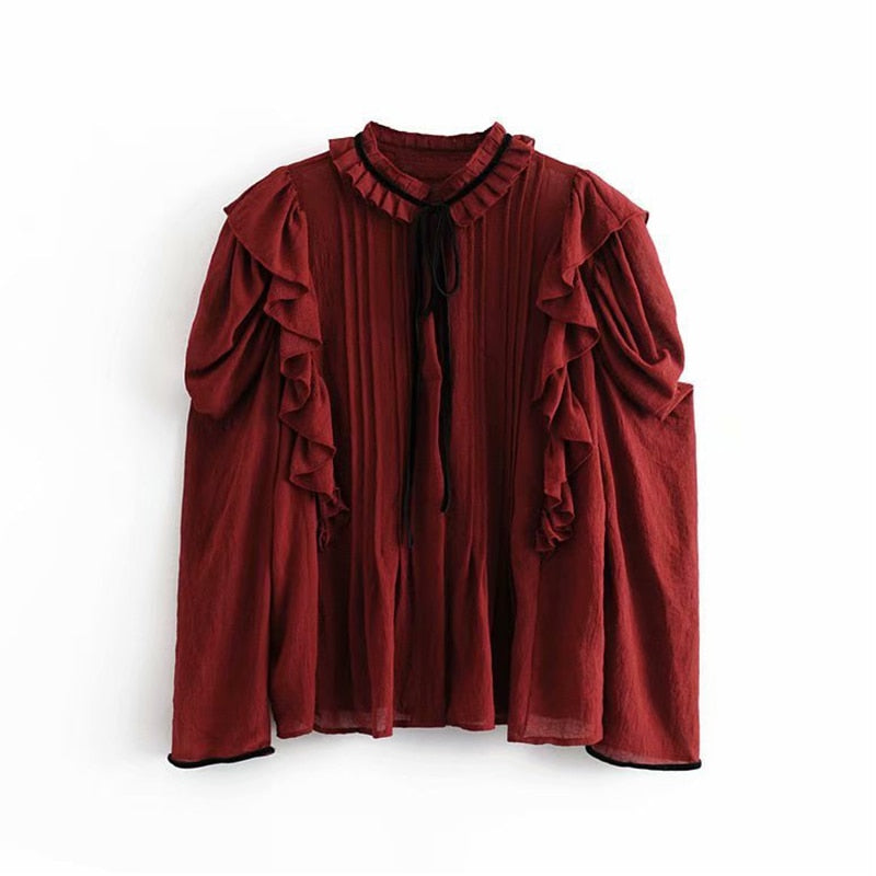 Women Bow Collar Solid Blouse Puff Long
