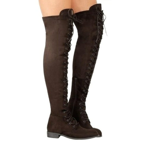 Women Cross Strap Suede Leather Boots Autumn Winter Knee High