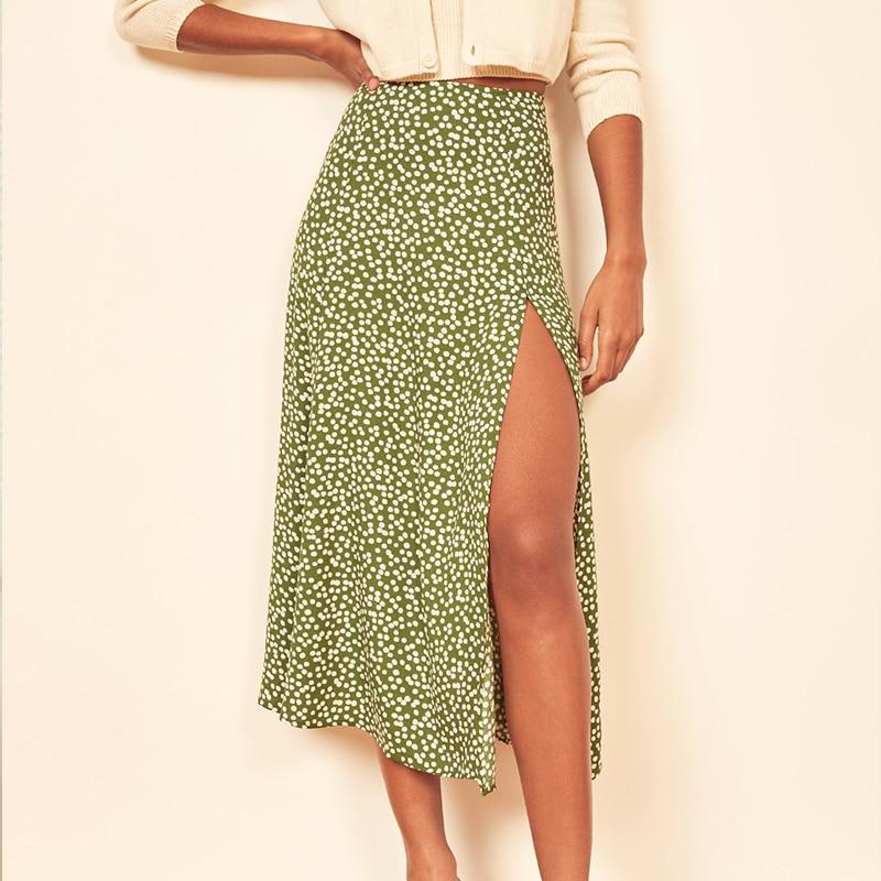 Vintage Skirt Flower Polka Dot Print High Waist Stretch Split