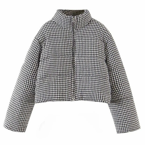 Houndstooth Print Stand Collar Thick Winter Puffer Parkas