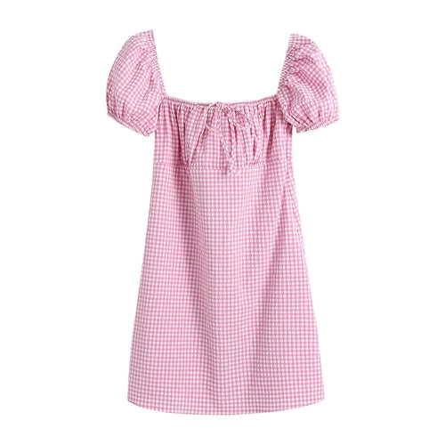 Lace Up Elastic Plaid Pink Dress Vintage Short Mini Dress