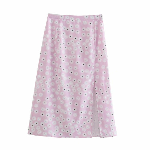 Zipper Side Slipt Daisy Flower Print Pink Midi Skirt