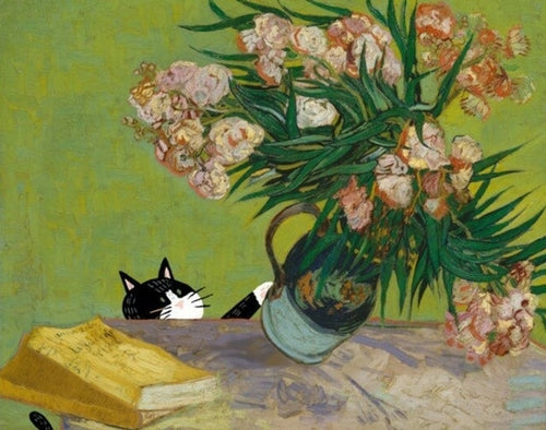 Cartel divertido del arte del gato Gato negro golpeando los girasoles de Van Gogh