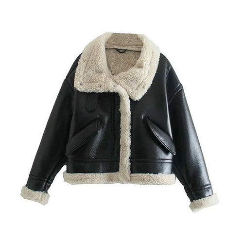 Fur Faux Leather Lape Jacket Coat Women Long Sleeve Zippers Thick