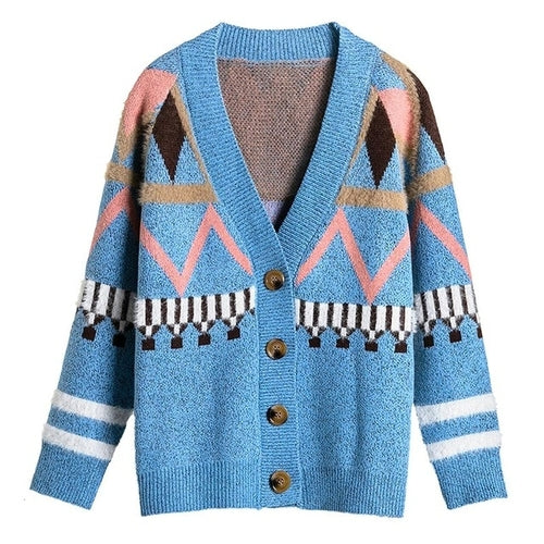 Geometric Print Leisure Sweater Cardigan Women