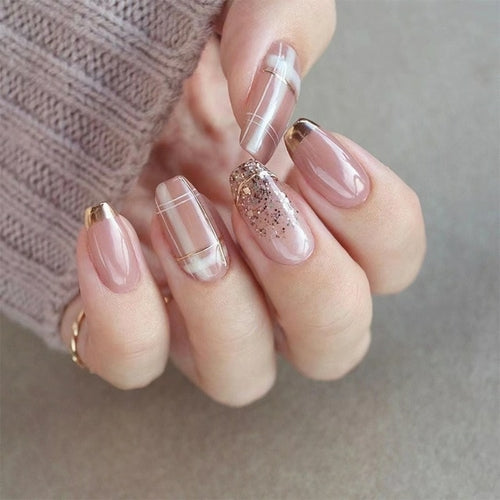 Glitter Pink Fake Nails Press On Short French Set Sequin Cute Nail Art
