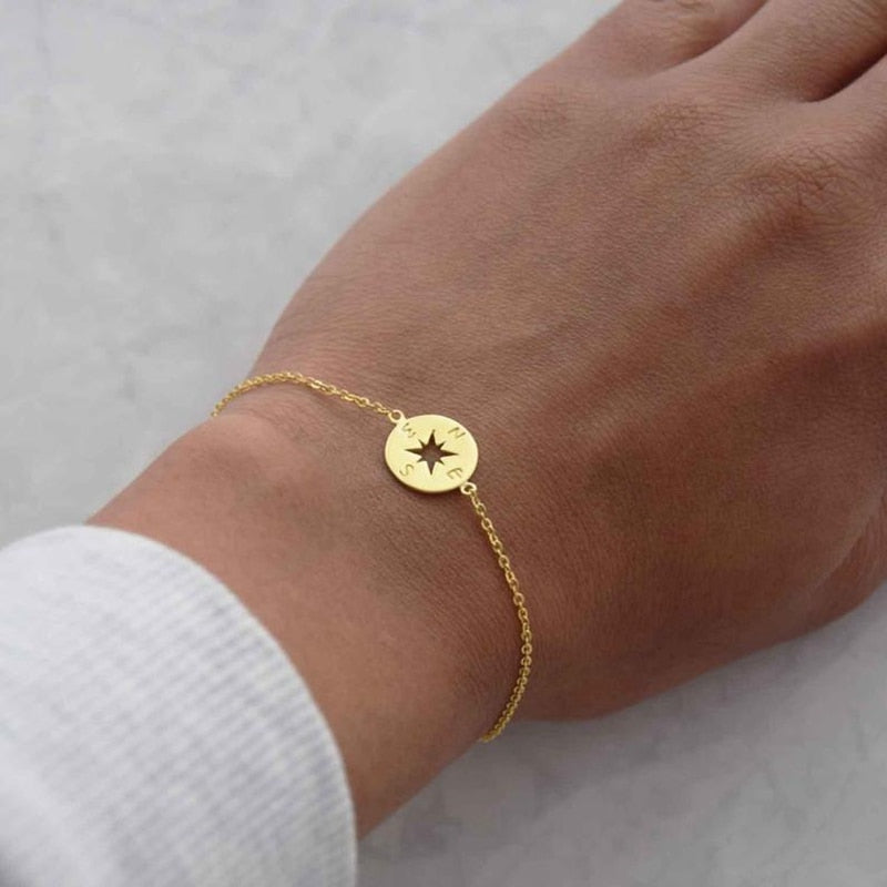 Goldenes Kompass-Armband, Edelstahl, zierliche Scheibe
