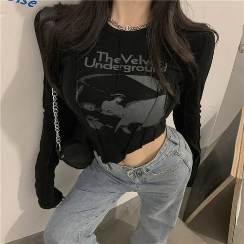 Graphic Print Cropped Tops 90s Vintage Women Long Sleeve Skinny