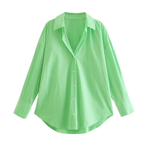 Green shirt blouse for womens Summer Lapel Asymmetrical Hem Poplin