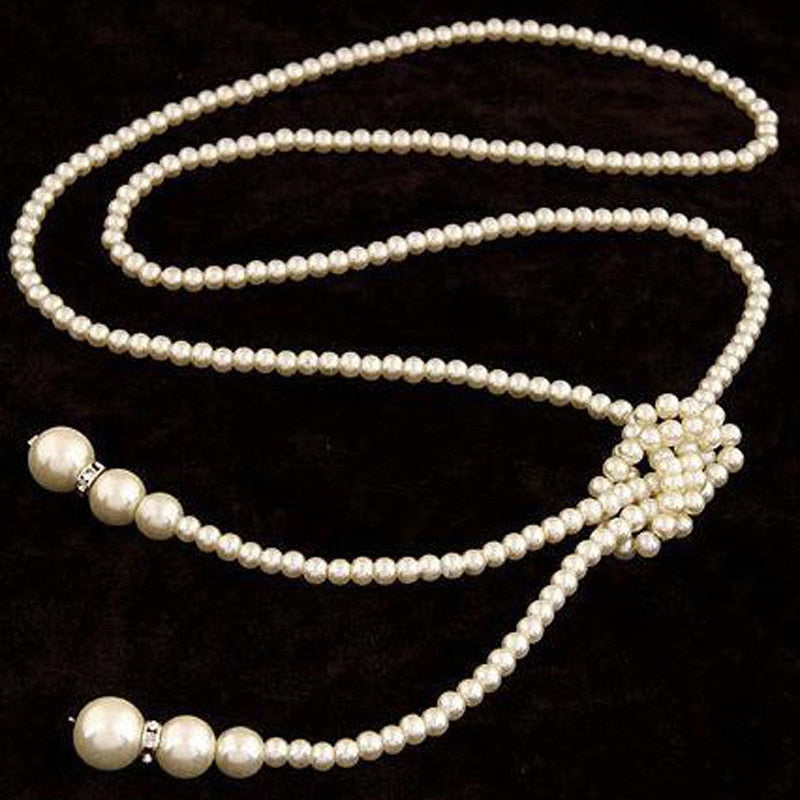 Collar largo con borlas de perlas simuladas de doble nudo clásico de 125cm, collar largo con borlas anudadas, suéter de moda para mujer, joyería Bohemia