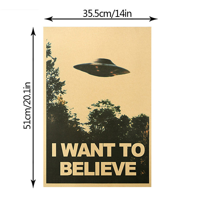 I WANT TO BELIEVE UFO Retro Kraft Paper Poster Bar Home Decoration Painting Wall Stickers