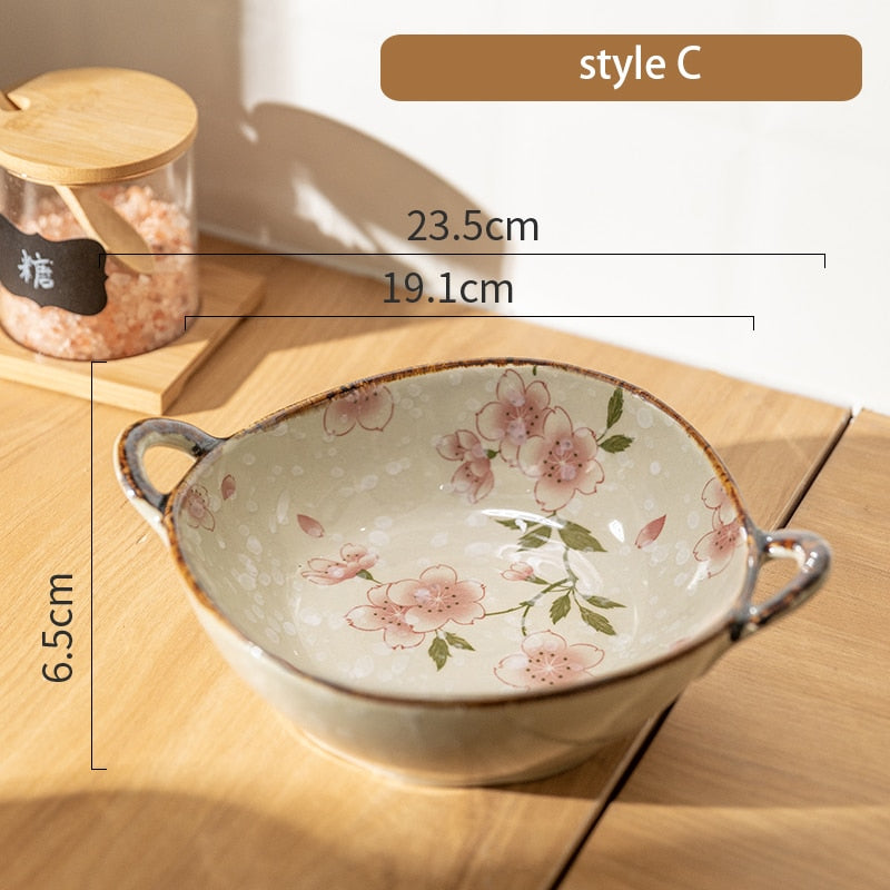7,5-Zoll-japanische Haushalt Nudelschüssel Keramik Suppenschüssel mit Griff Salat Nudelschüssel Küchengeschirr Mikrowellenherd Bakware