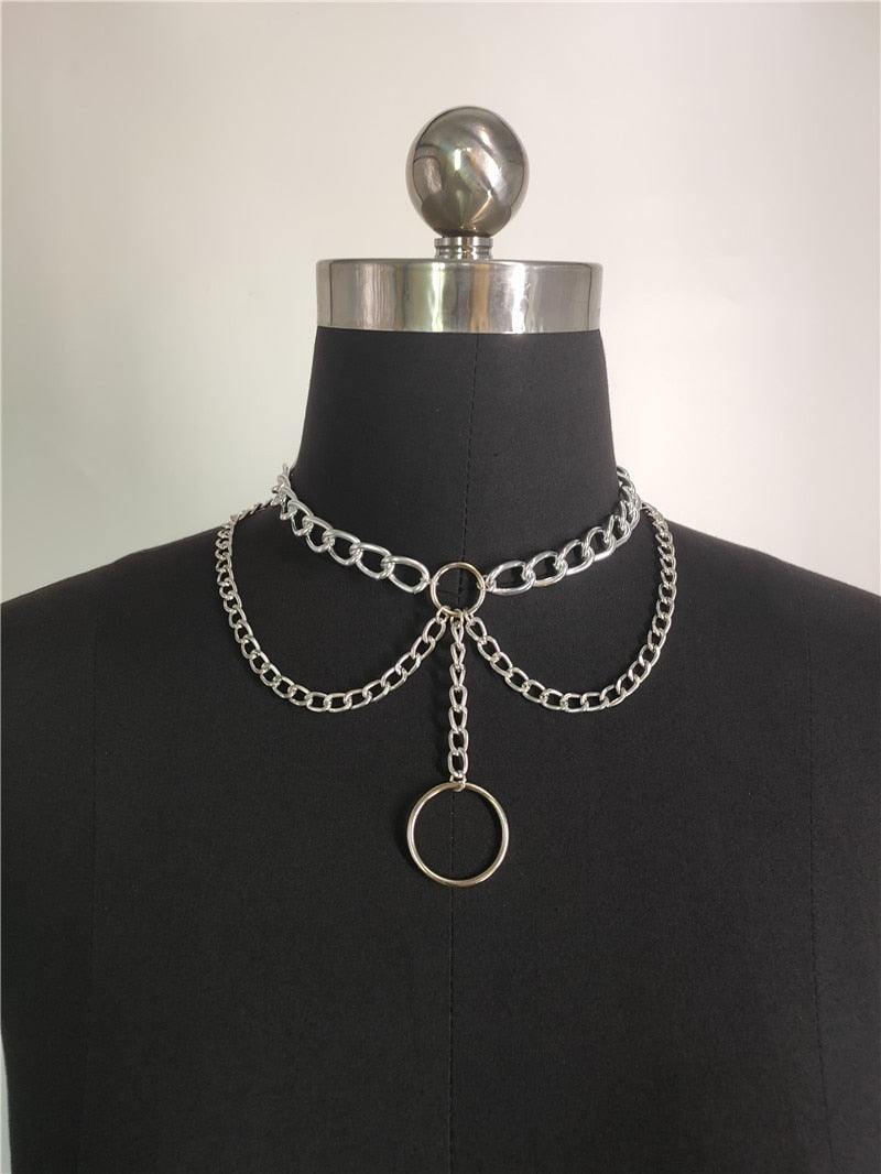 Double layer Chain Chokers Necklaces For Women Geometric Circles Pendant Necklaces femme