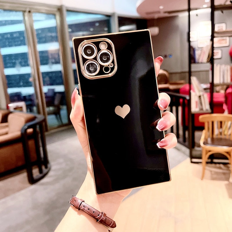 Soft Square Love Heat Phone Case For iPhone 12 11 13 14 Pro Max Mini X XR XS Max 7 8 Plus SE 2020 Electroplated Bumper Cover