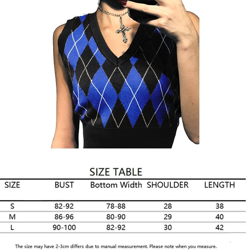 Sweater Vest Women  Black Sleeveless Plaid Knitted Crop Sweaters Casual Autumn Preppy Style tops V Neck Vintage