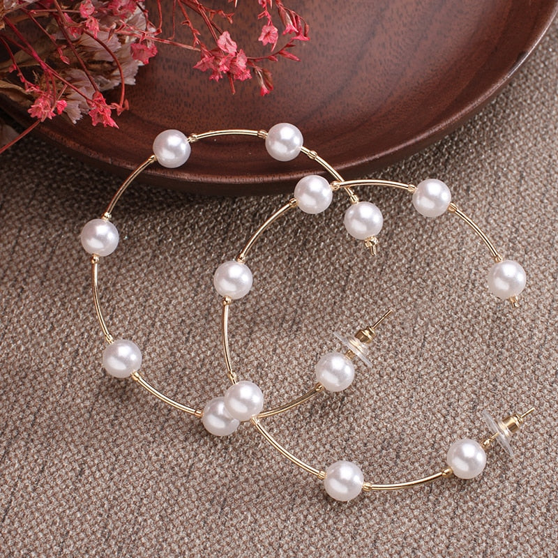 white boho imitation pearl round circle hoop earrings female gold color big earrings jewelry statement earrings