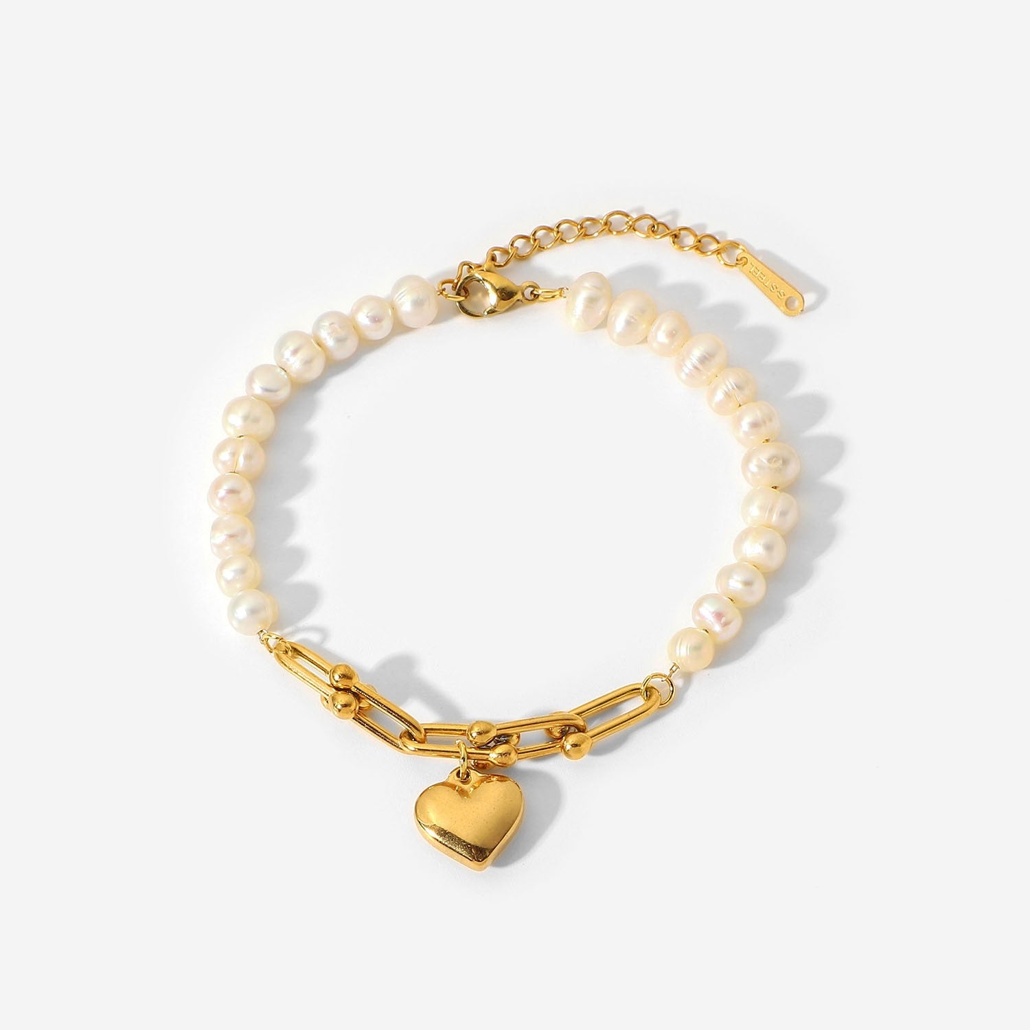 Women Stainless Steel Pearl Beaded Bracelet Jewelry Horseshoe Chain Bangles 18k Gold PVD Plated Heart Charm Bracelets Elegant