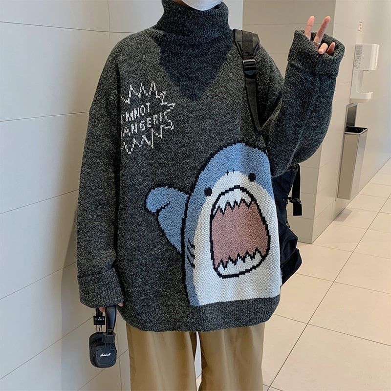 Men Turtlenecks Shark Sweater Men Patchwork Harajuku Korean Style High Neck Oversized Grey Turtleneck For Men