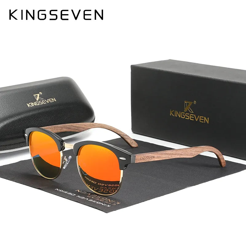 KINGSEVEN Handmade 2023 Black Walnut Wooden Sunglasses Men Polarized UV400 Protection Semi-Rimless Retro Eyewear Women Oculos